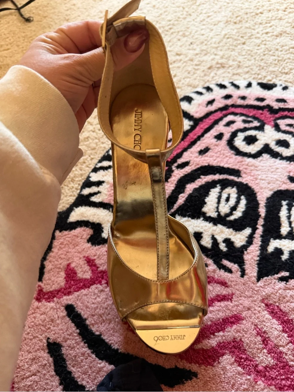 Jimmy Choo Metallic Gold Wedge Sandals with Ankle Strap